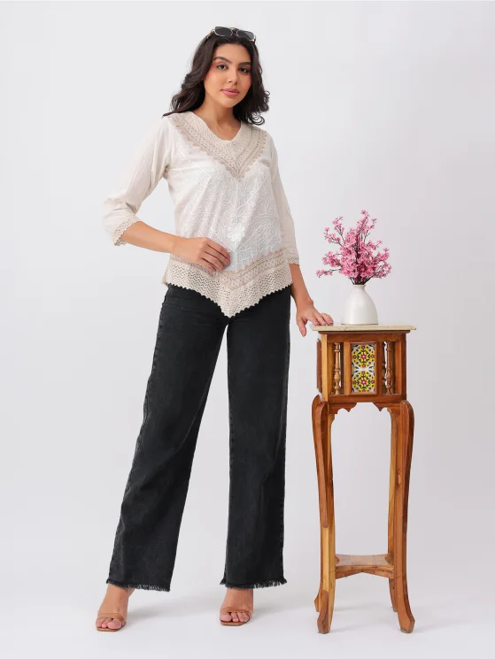 Kimakshi Premium fashion - Women's Lace Trim Embroidered OFF White Top